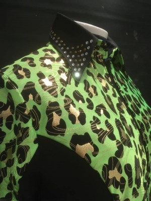 Med Lime Leopard Western Show Top zip front stretch fabric