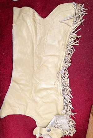 Western leather fringed show chaps with silver buckles & conchos